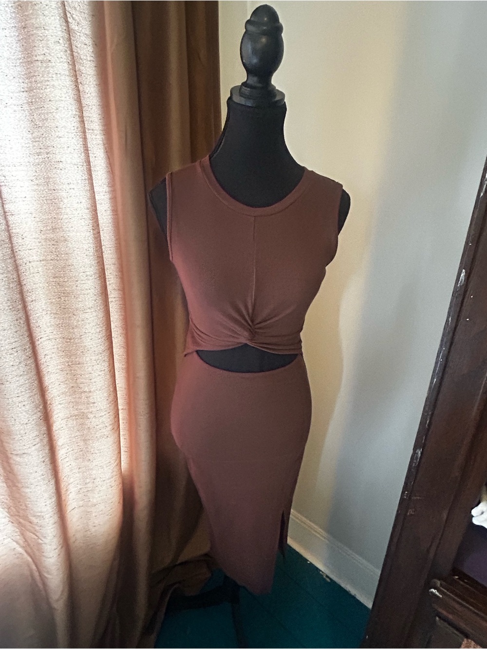 Sleeveless Brown Twist-Front Midi Dress